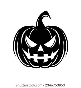 Silhouette Halloween pumpkin icon, flat design of scary pumpkin with smile, happy face, isolated on white background