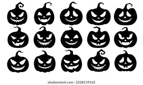 Silhouette Halloween Pumpkin vector set, Jack O Lantern icon set, Black Spooky graphic elements, Clip art for Banner Decoration illustration design, stock (Editable)