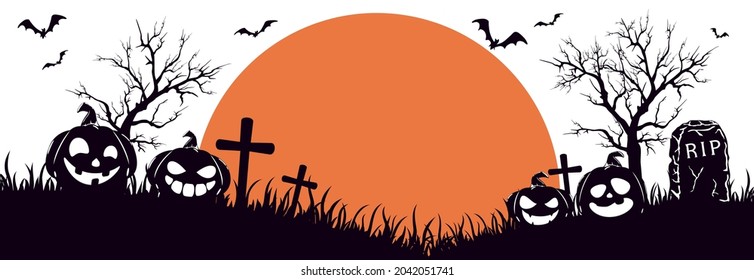 Silhouette of Halloween pumpkins on cemetery. Orange Moon on white background. Banner with Jack O' Lanterns and bats. Illustration for children's holiday design, cards, invitations, banners, templates