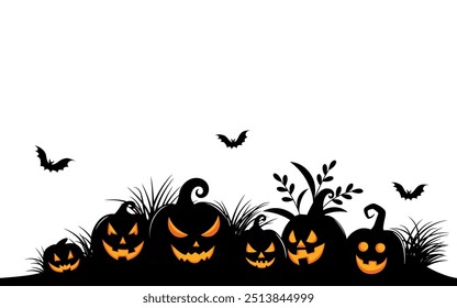 Silhouette Halloween Pumpkins on the ground with three bats flying around. Vector illustration.