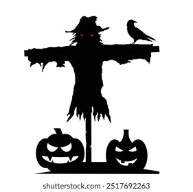 Silhouette of a Halloween Scarecrow with Pumpkins and Raven. International holiday celebration concept vector