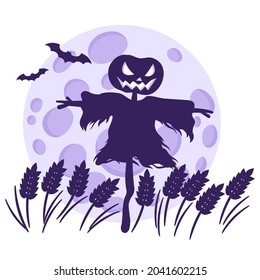 Silhouette of a Halloween scarecrow in a wheat field against the background of a full moon and bats. Traditional Halloween symbol and decorative element. Vector cartoon isolated illustration.