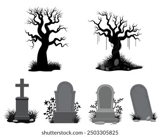 Silhouette Halloween set with spooky trees and four vintage gravestones graphic elements design. Vector illustrations.