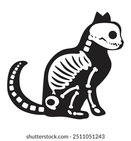 Silhouette Halloween sitting little kitten with roentgen skeleton bones, fairy tale creepy character. Scary shadow outline of sitting kitten. Simple black and white Vector isolated on white background