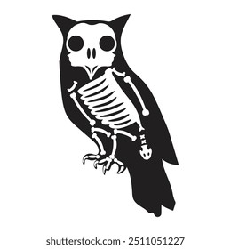 Silhouette Halloween sitzende Eule Vogel mit röntgen Skelett Knochen, Märchen gruseligen Charakter. Gruseliger Schattenumriss eines sitzenden Eulenvogels. Einfache schwarz-weiße Vektorgrafik einzeln auf weißem Hintergrund