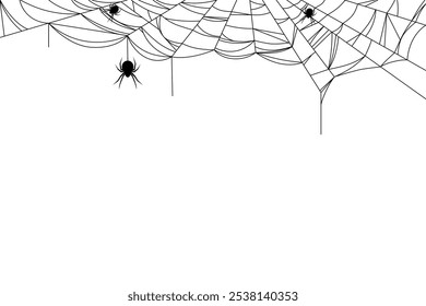 Silhouette halloween spiderweb with three spiders, graphic design on white background.