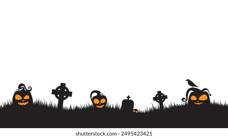 silhouette halloween template background with copy space for text. black halloween background with pumpkin and graveyard
