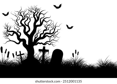 Silhouette Halloween theme on white background with spooky tree on graveyard and three bats flying above. Vector illustration.