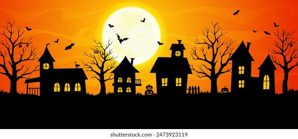 Silhouette of halloween town. Eerie shadows cast upon a cityscape with crooked spires, haunted houses and a foreboding moon. Sinister darkened shapes hint at supernatural secrets in the spectral night