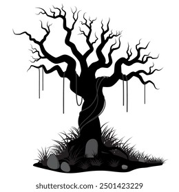 Árbol de Halloween de la silueta con la lápida en la tierra y la hierba crecida alrededor. Ilustraciones vectoriales.