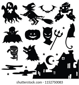 Silhouette for Halloween. Vampire, Witch, Frankenstein, Cat, Bat, Pumpkin. 
Mummy, Wolf and Mansion.