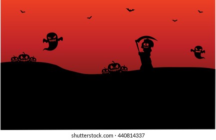 Silhouette of Halloween warlock, ghost, pumpkins illustration