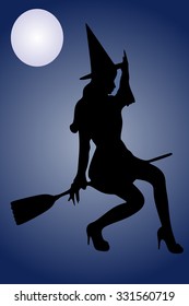 Silhouette of Halloween witch with broom