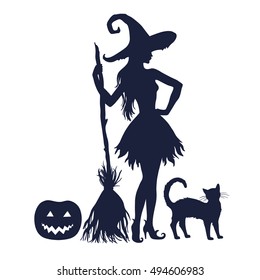 Silhouette of halloween witch with broom and cat, vector illustration isolated on white background.