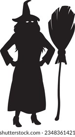 Silhouette of halloween witch with broom, vector illustration isolated on white background.