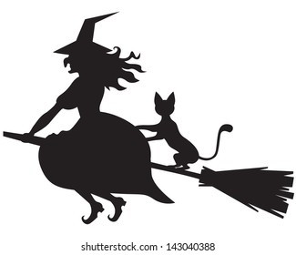 Silhouette of Halloween witch with and cat on a broom