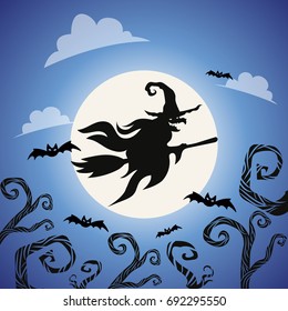 Silhouette of a Halloween witch flying over full moon sky. Vector illustration