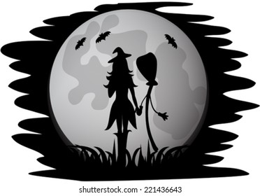 Silhouette of halloween witch and fullmoon