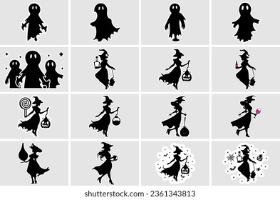 Silhouette of a halloween witch and ghost bundle