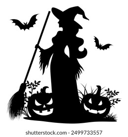 Silhouette Halloween Witch holds a broom. Two bats and two evil pumpkins on the ground. Vector illustrations.