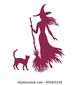Silhouette of halloween witch, isolated on white background, vector illustration.