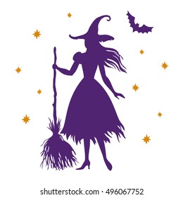 Silhouette of halloween witch, isolated on white background, vector illustration.