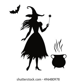 Silhouette of halloween witch, isolated on white background, vector illustration.