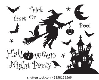 Silhouette of Halloween. Witch on a broom,mansion,bats and the moon. For posters postcards,flyer,invitation card and stickers.