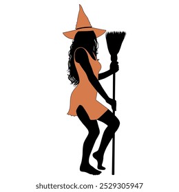 Silhouette of Halloween witch in orange party costume with broom. Halloween vector design.