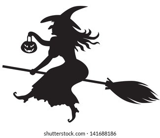 Silhouette of Halloween witch with a pumpkin-lantern on a broom