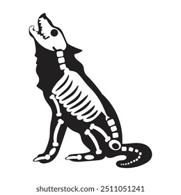 Silhouette Halloween wolf howls at moon with roentgen skeleton bones, fairy tale creepy character. Scary shadow outline of wolf howls moon. Simple black and white Vector isolated on white background