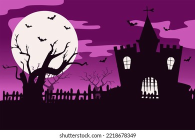 silhouette hallowen background, old tree, spooky castle, with bats and full moon, spooky night