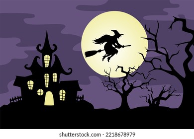 silhouette hallowen background, old tree, spooky castle, with witch and full moon, scary night