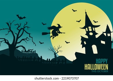 silhouette hallowen background, old tree, spooky castle, with witch and full moon, scary night