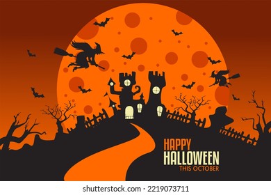 Silhouette, hallowener Hintergrund, alter Baum, spokes Schloss, mit Hexe und Vollmond, grausige Nacht