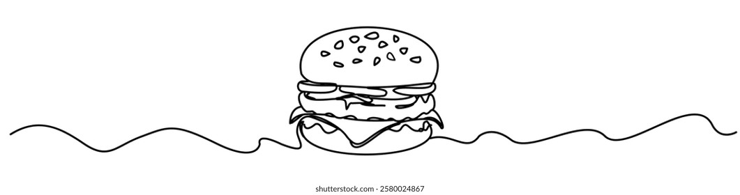 The silhouette of the hamburger on a white background is created with a single continuous line. It is designed with a modern and minimal drawing style.