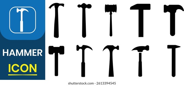 Silhouette of hammer, construction icon vector. Hammer icon vector set. Symbol for house repair, carpenter, carpentry, and builder. Vector illustration.