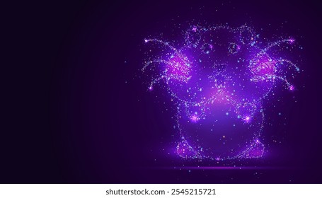 Silhouette of a hamster made of glowing, multicolored dots, resembling stars. The particles form the small creatures shape, symbolizing curiosity, playfulness, and the charm of pets.