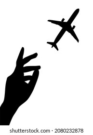 Silhouette of a hand and an airplane. Vector illustration.