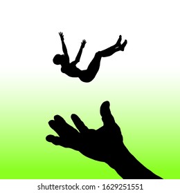 Silhouette of a hand catching a falling person. Vector illustration.