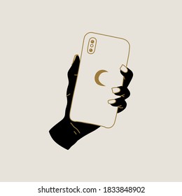 mano de silueta con la ilustración de la vista posterior del teléfono móvil