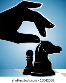 silhouette of hand and chess pieces	