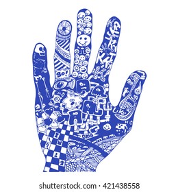 Silhouette of a hand. Doodle style background. Abstract vector graffiti.