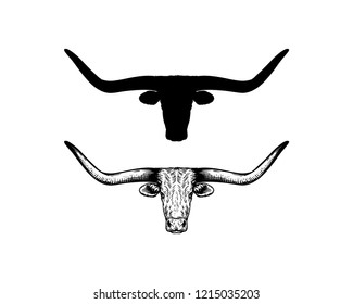 Silhouette and Hand Drawing Vector Head Cow or Bull Antlers Sign Symbol Icon Logo Template Design Inspiration