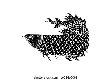 Silhouette Hand drawn arowana fish. Vector Illustration. for logo or other design. isolated in white background