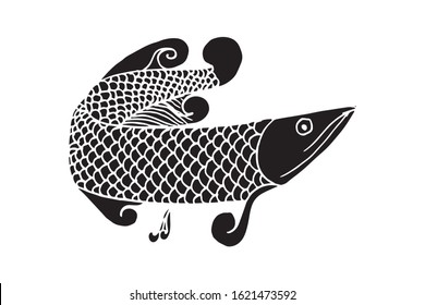 Silhouette Hand drawn arowana fish. Vector Illustration. for logo or other design. isolated in white background