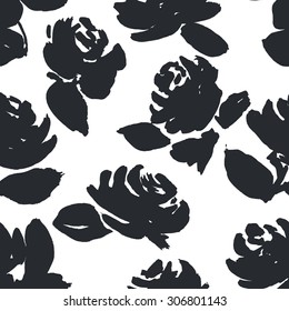 Silhouette of hand drawn Roses. seamless vector Floral Pattern
