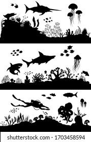 Silhouette of Hand drawn sea coral reef, oceanic animal set. Vector illustration.