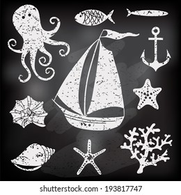 Silhouette - Hand drawn set of sea symbols including sailing boat, octopus, fish, shells, coral