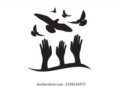 Silhouette of hand flying dove. Flying doves vector illustration
